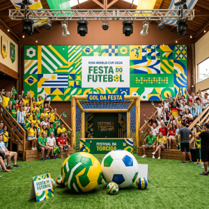 Cenografia para a Copa do Mundo 2026 com backdrop, arquibancada, painel de led