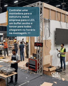 Dificuldade de alinhamento entre montadora de estrutura, equipe de LED e buffet no pavilhão de eventos.